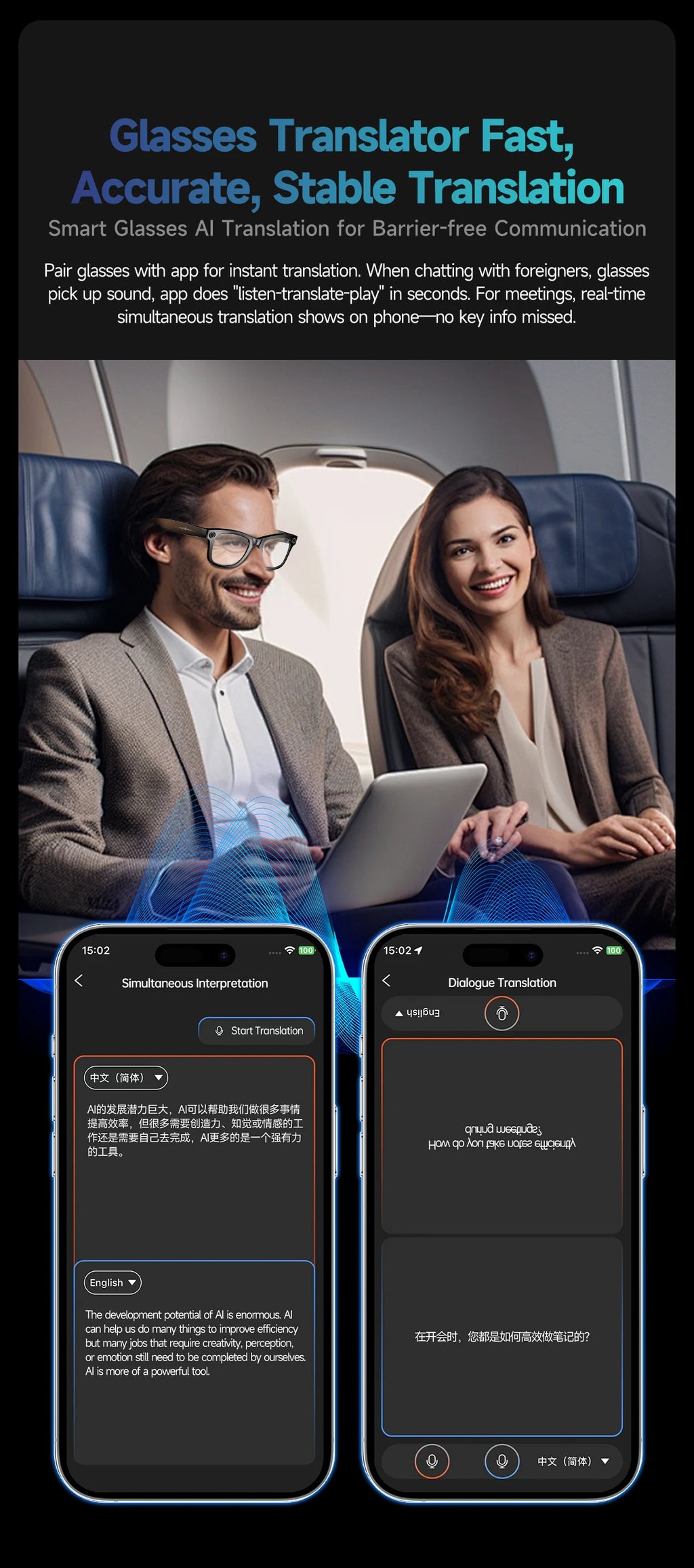 New 8 Million Pixels Camera Smart Glasses Recording Videos AI Photo Recognition Answer Translation Waterproof Blue light Glasses