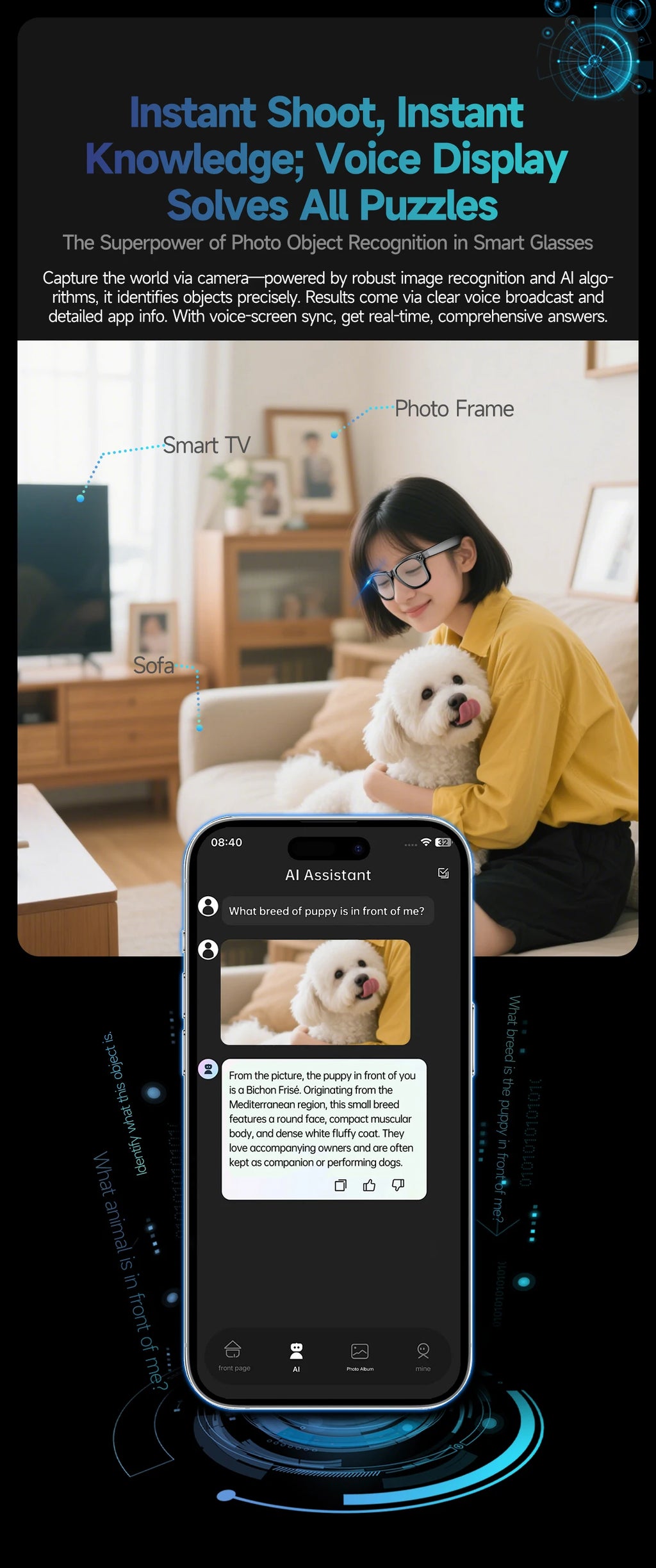 New 8 Million Pixels Camera Smart Glasses Recording Videos AI Photo Recognition Answer Translation Waterproof Blue light Glasses