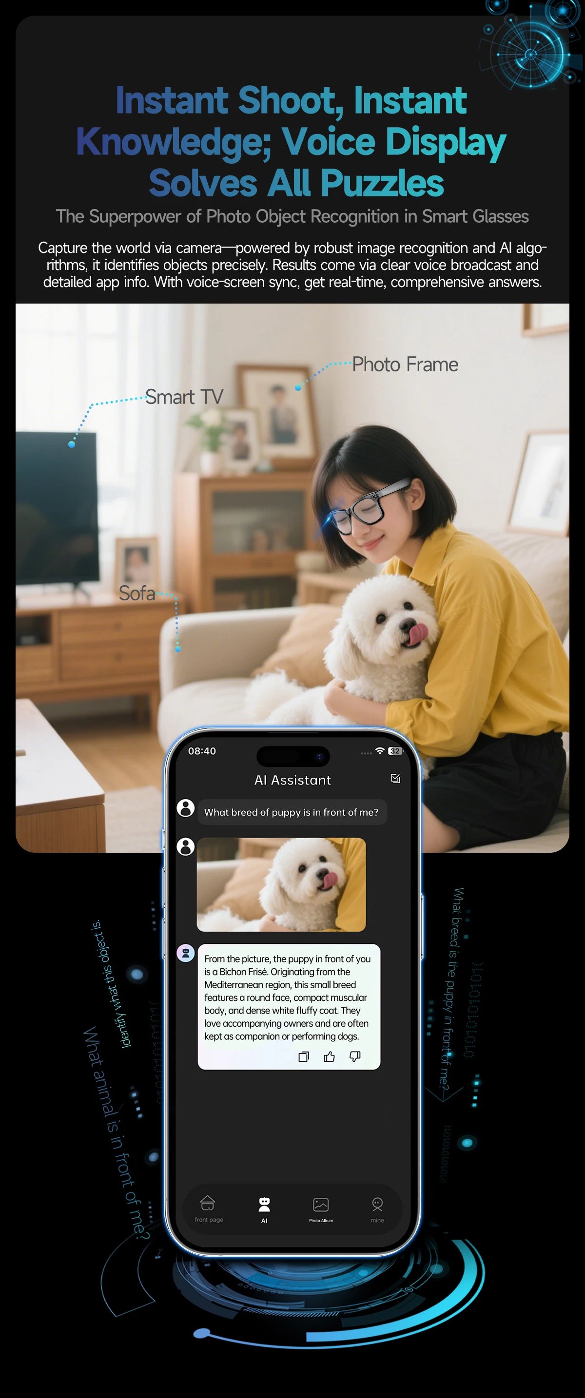 New 8 Million Pixels Camera Smart Glasses Recording Videos AI Photo Recognition Answer Translation Waterproof Blue light Glasses