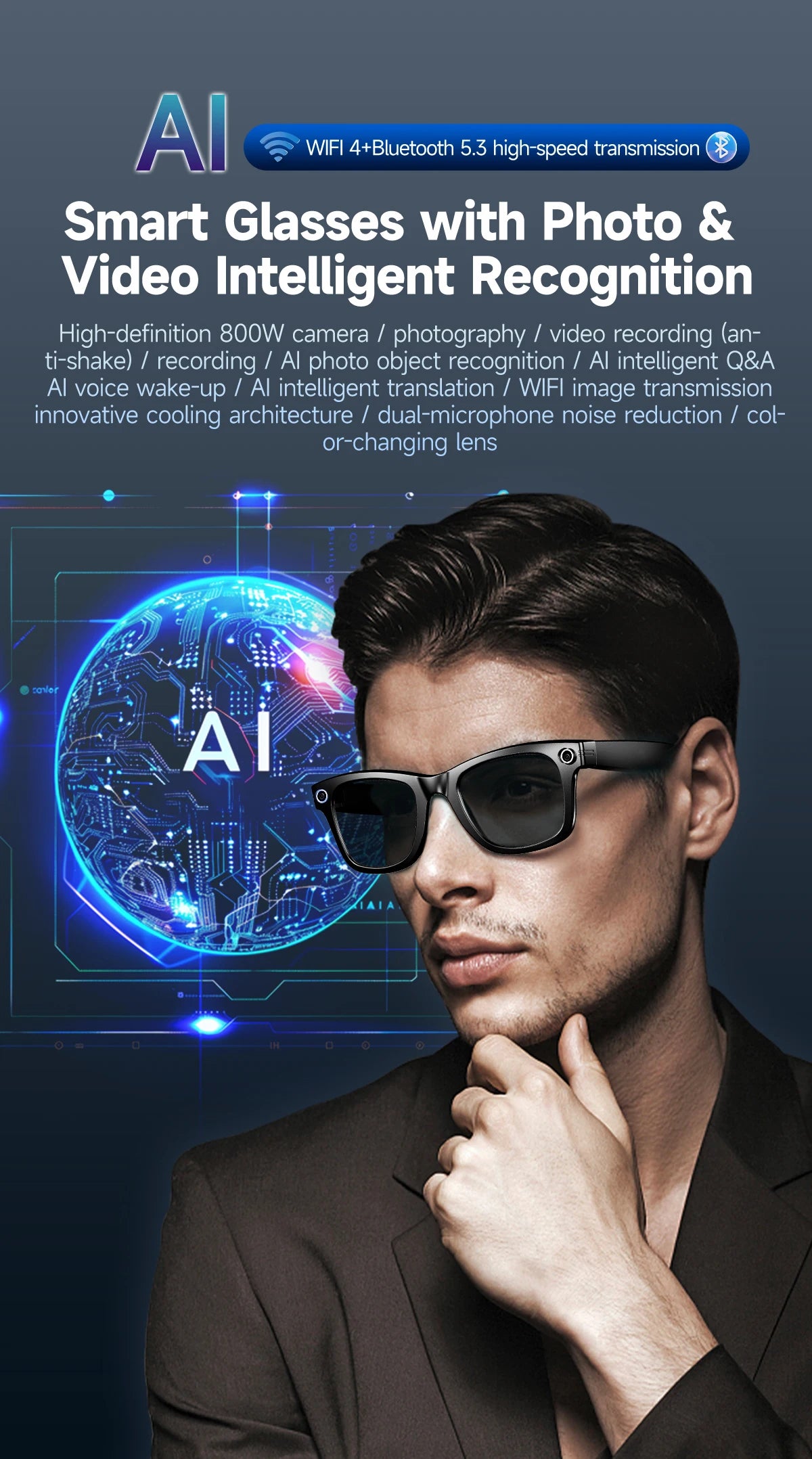 New 8 Million Pixels Camera Smart Glasses Recording Videos AI Photo Recognition Answer Translation Waterproof Blue light Glasses